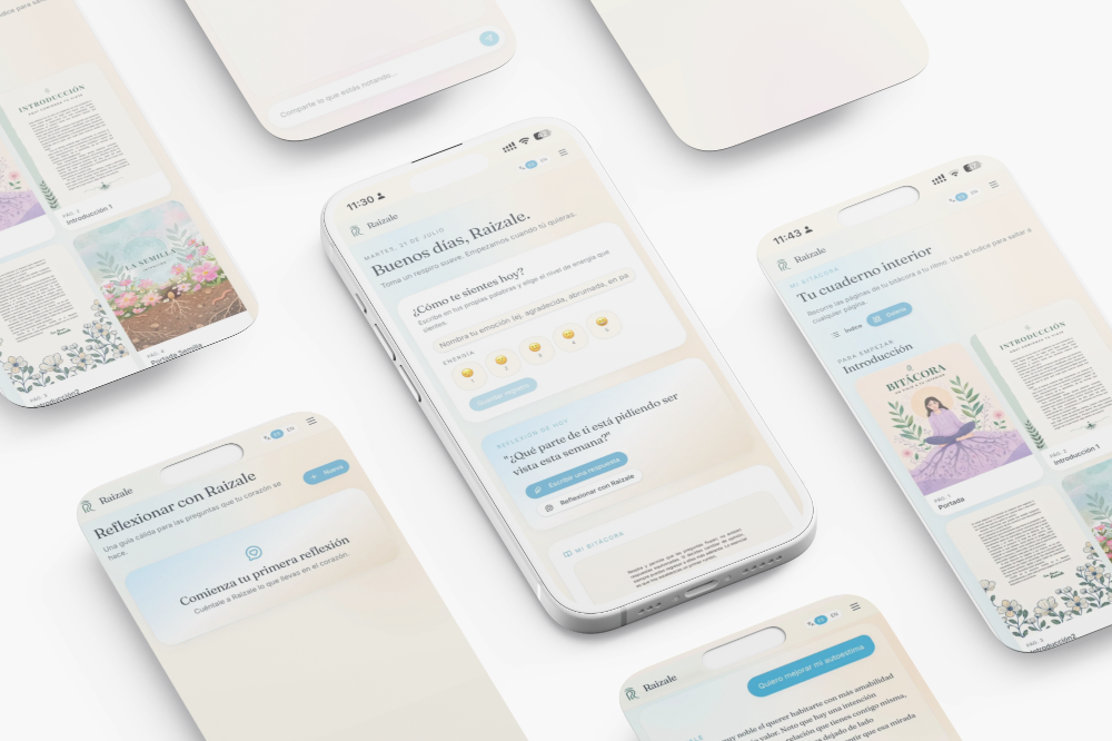 Pantallas reales de RaizaleApp: registro diario de emociones, bitácora personal y reflexiones guiadas
