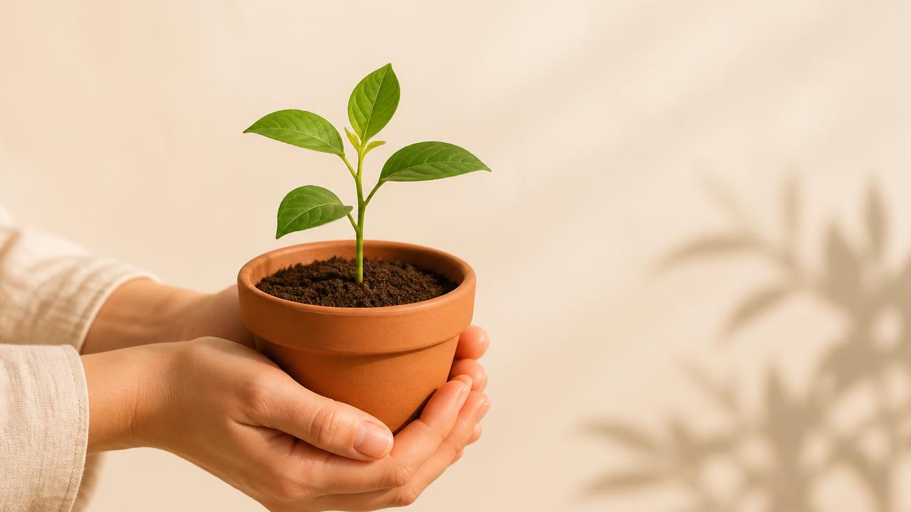 Manos sosteniendo una pequeña planta en maceta de barro